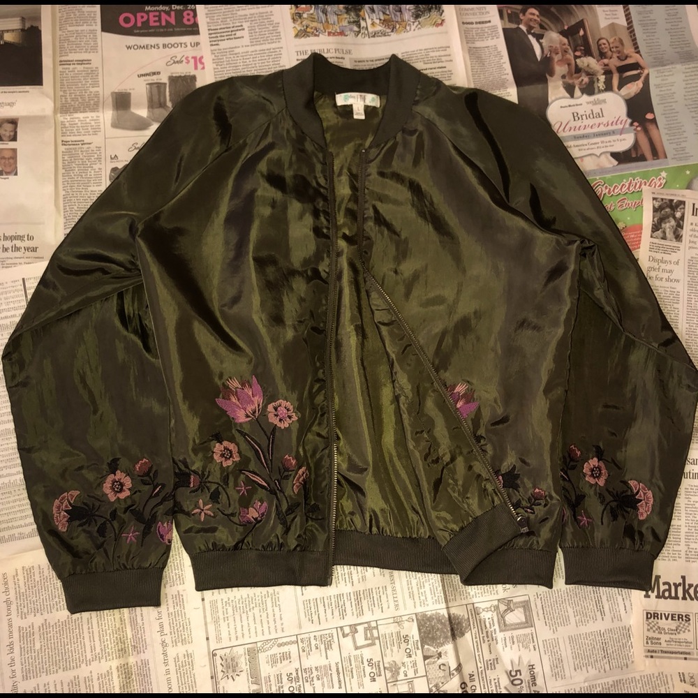 Olive Green Bomber with Flower Embroidery
